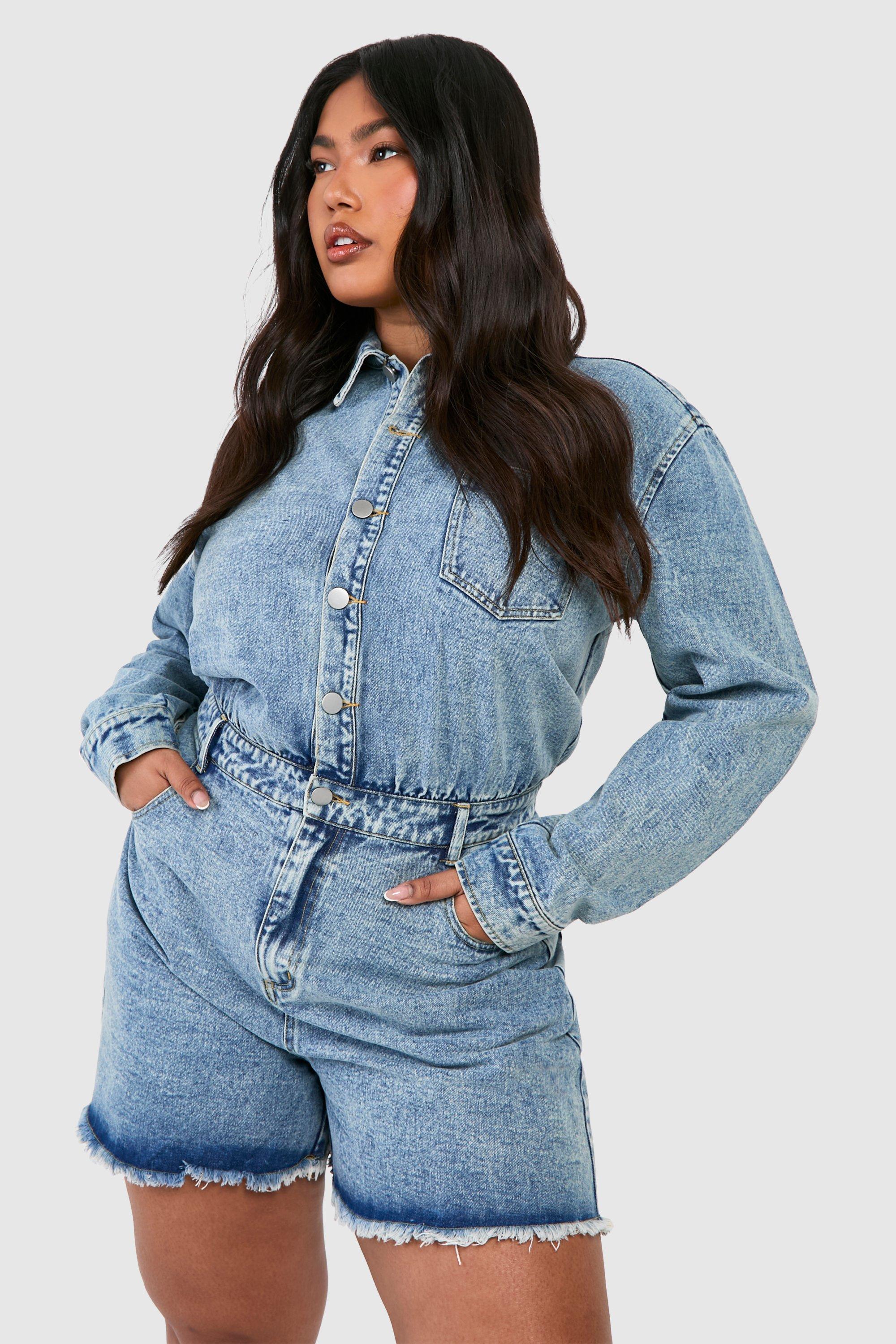 Plus Acid Wash Denim Playsuit boohoo